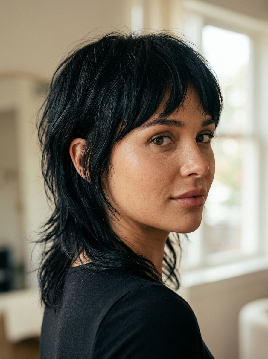 short natural black mullet with glossy black, textured layers, wispy bangs — effortless