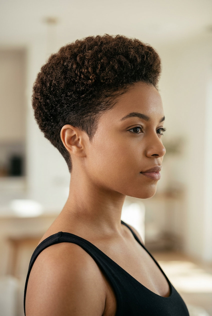Sculpted Afro-Pixie 2026: Natural Black very short natural black pixie haircut with sculpted coils, skin fade for summer