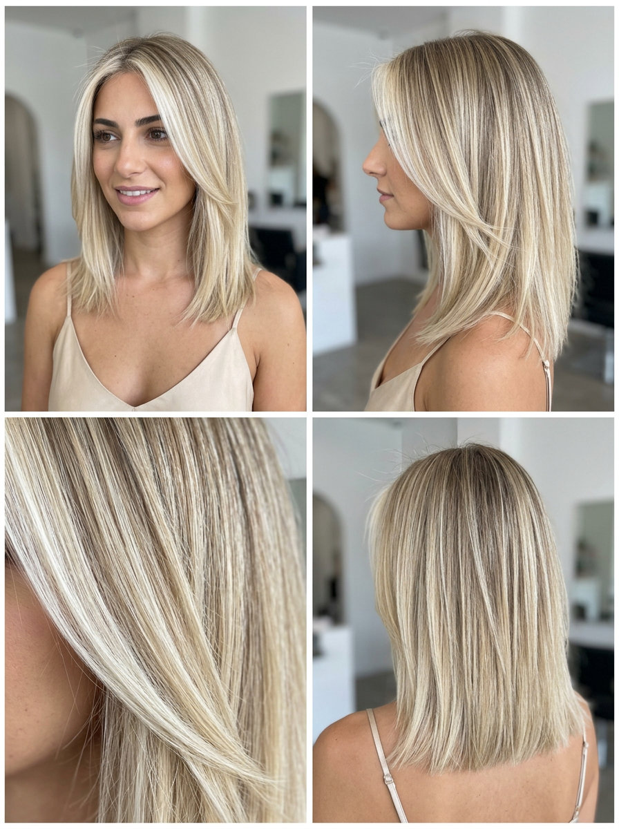 medium-length collarbone cut with natural blonde balayage and Scandi hairline, blunt perimeter for fullness