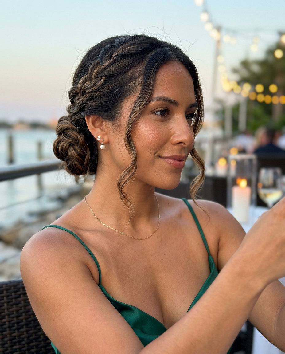 long braided nape bun with natural brunette, soft highlights, and romantic texture for summer