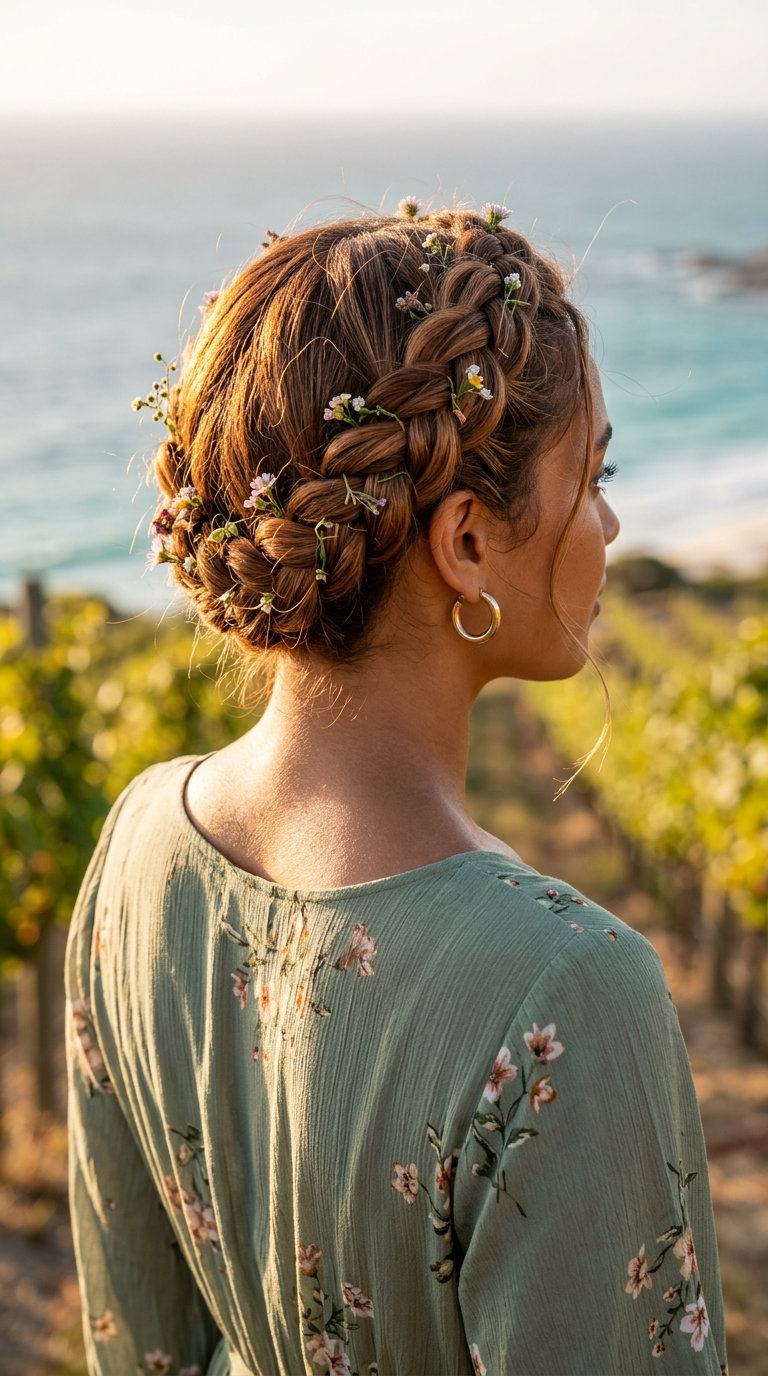 long natural brunette crown braid with wildflowers for summer weddings