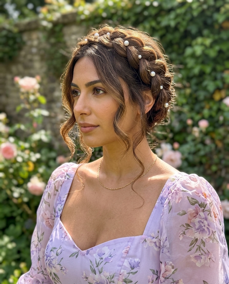 medium braided crown halo with pearls, pancaked Dutch braid, face-framing wisps — romantic wedding guest style