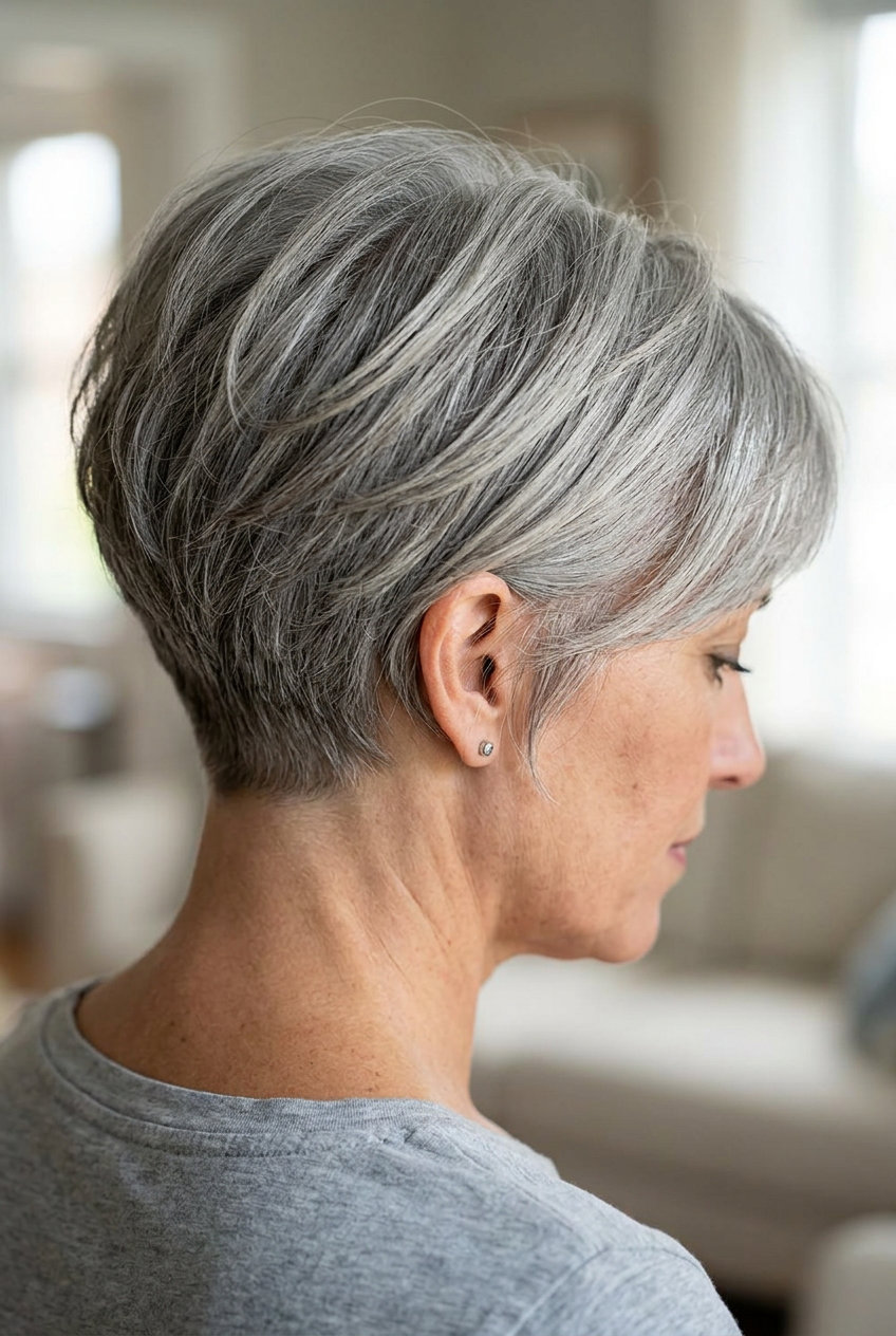 short natural silver bixie haircut with textured layers and side-swept fringe for summer