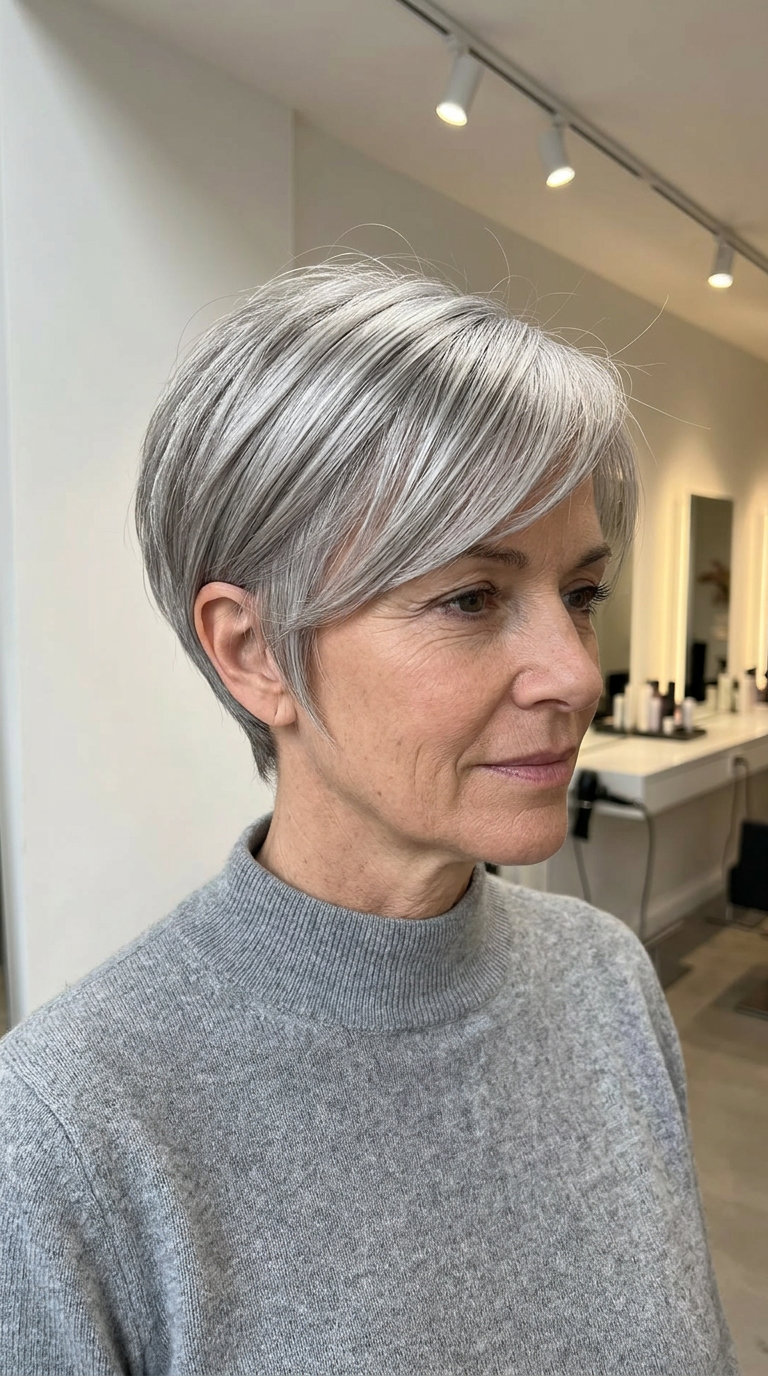 short natural silver pixie haircut with subtle tapered sides and side-swept fringe for summer