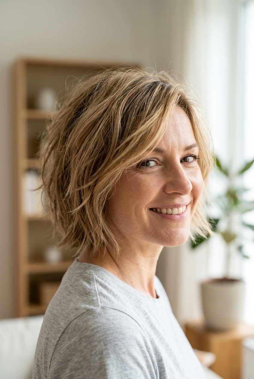 Tousled Summer Bixie 2026 very short bixie haircut in natural with sun-kissed babylights and wispy fringe for casual wear