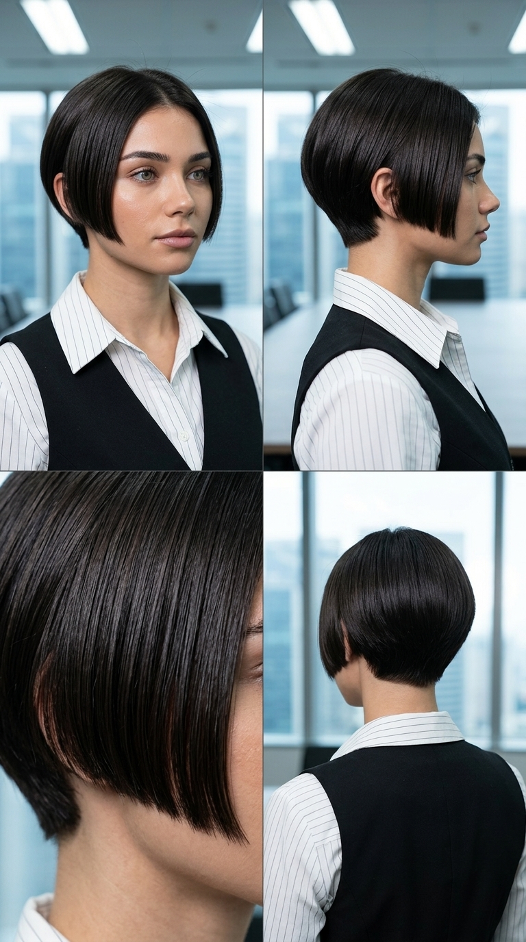short pixie crop haircut in cool near-black brunette with blunt perimeter and no bangs for professional events