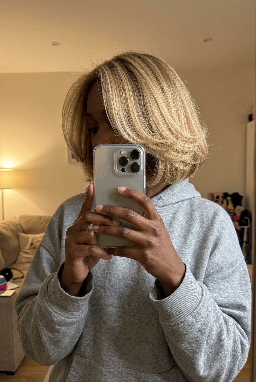 neck-length nectar blonde balayage bob with voluminous ends and deep side part for glam