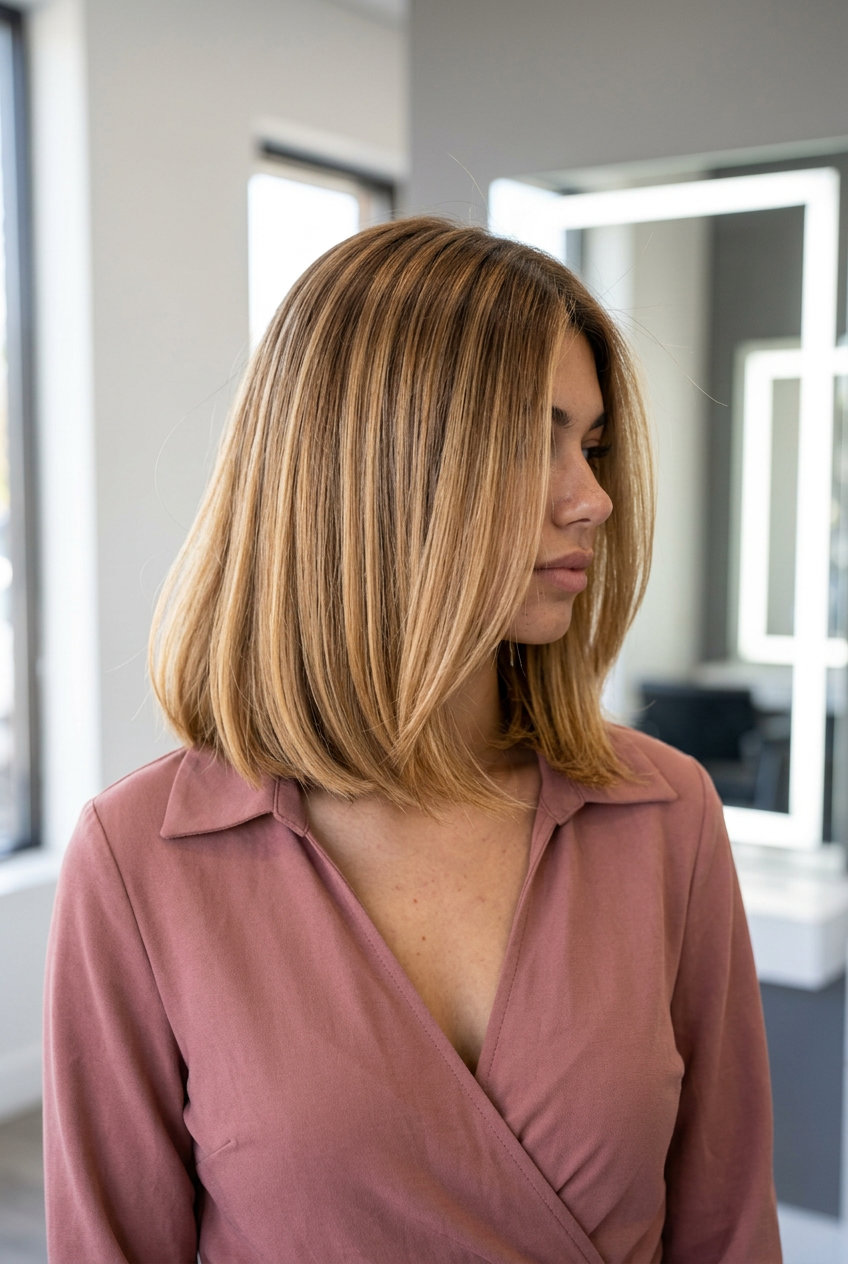 shoulder-length nectar blonde balayage lob with blunt base and midlights for luminous look