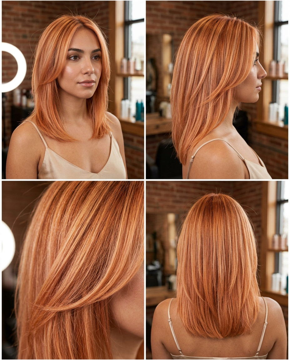long layers with nectarine copper glow highlights, peachy-golden color, foilyage/balayage technique — vibrant festival style