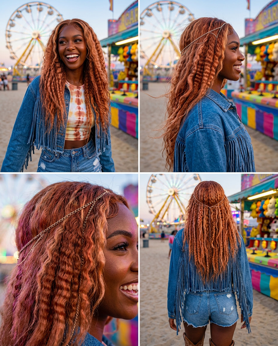 medium nectarine copper crimped hair with strawberry blonde highlights and delicate chain for festivals