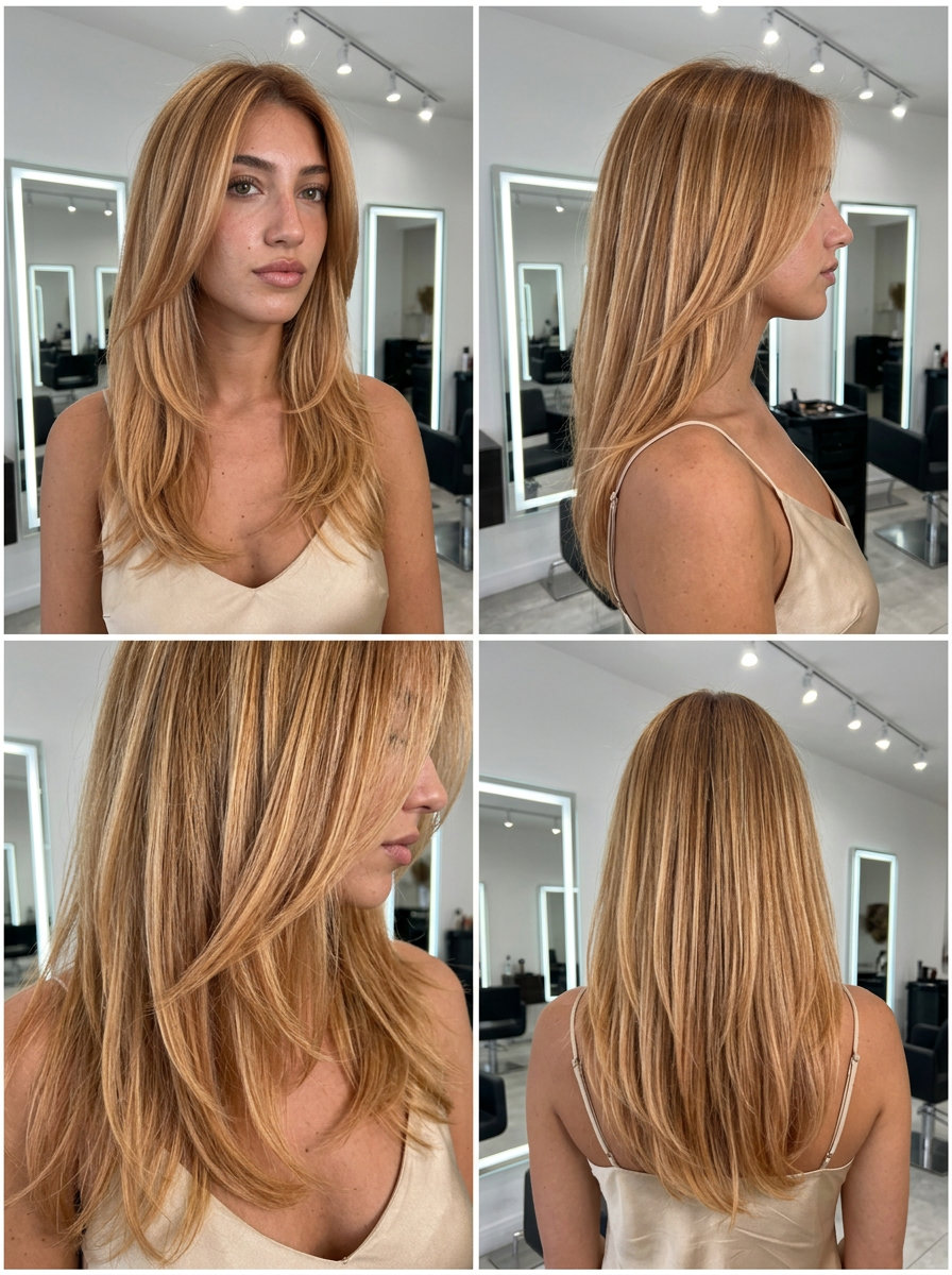 long layered haircut with Lived-In Nectarine strawberry blonde, balayage and face-framing layers, no bangs — effortless and bohemian