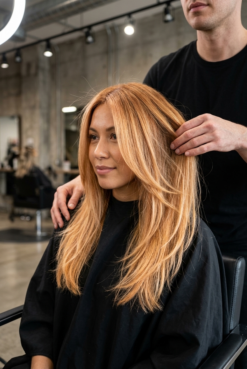 long layered haircut with Lived-In Nectarine strawberry blonde, balayage and face-framing layers, no bangs — soft and effortless