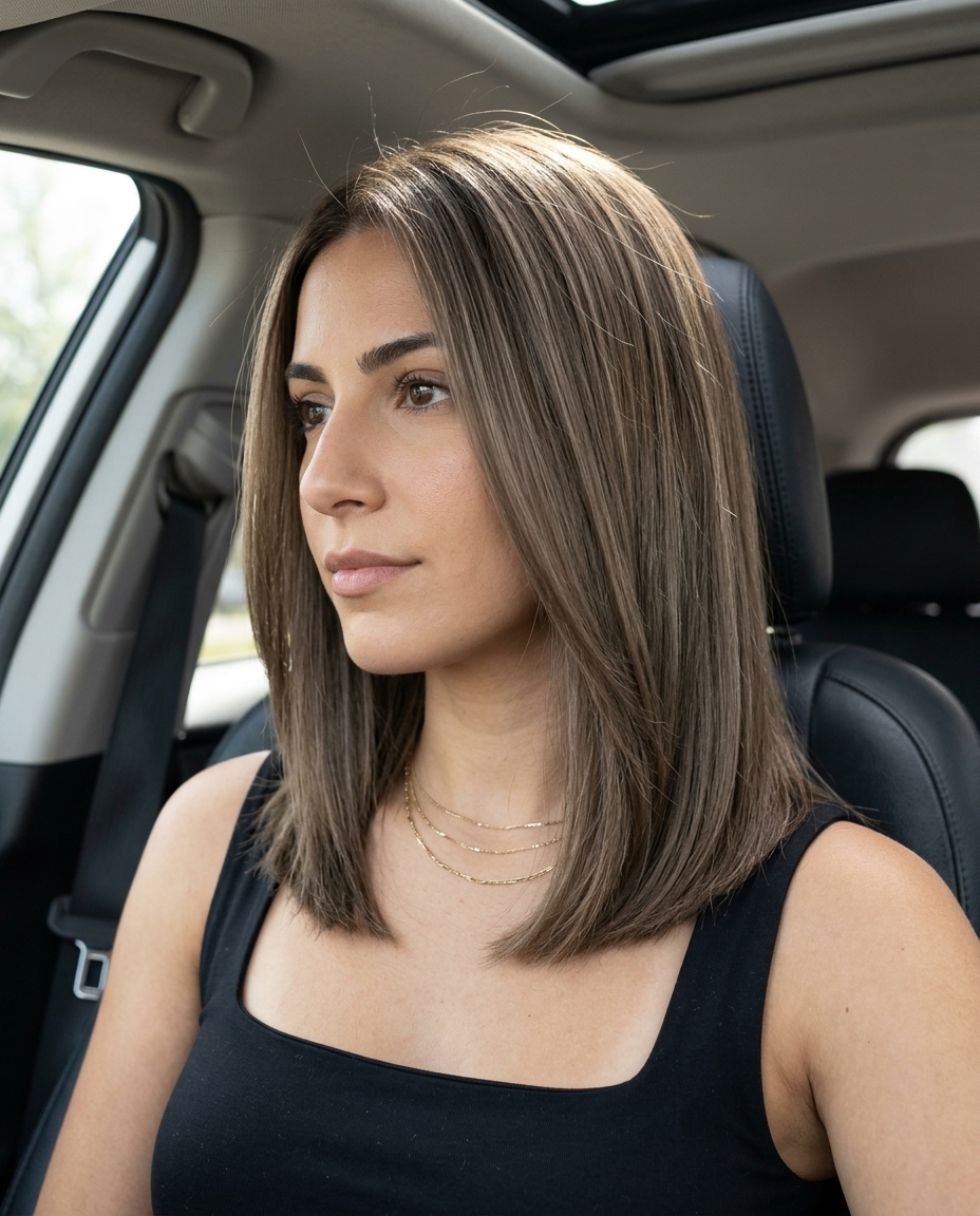 long neutral ash brown hair color with balanced undertones, seamless blend, no fringe — sophisticated professional