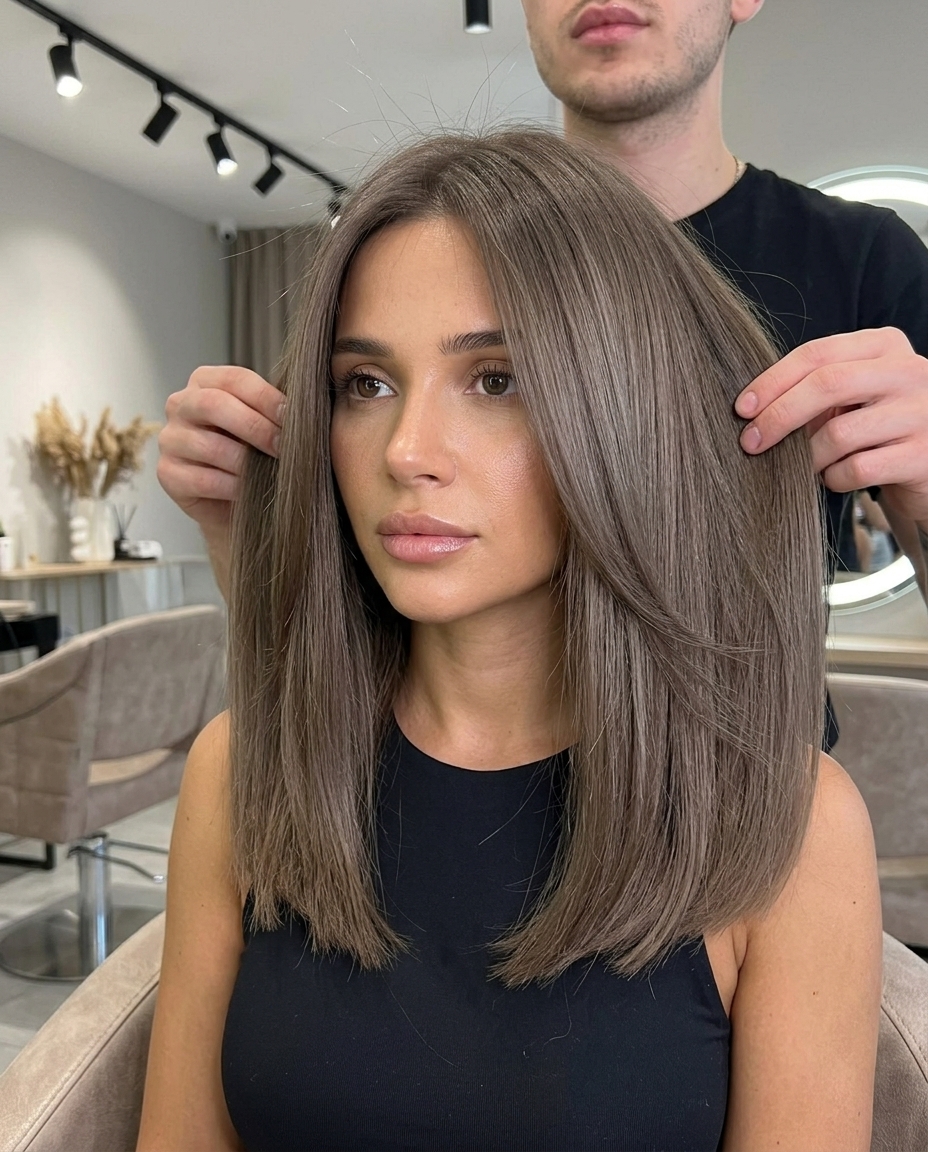 long neutral ash brunette hair color with true ash brown, cool neutral for sophisticated look