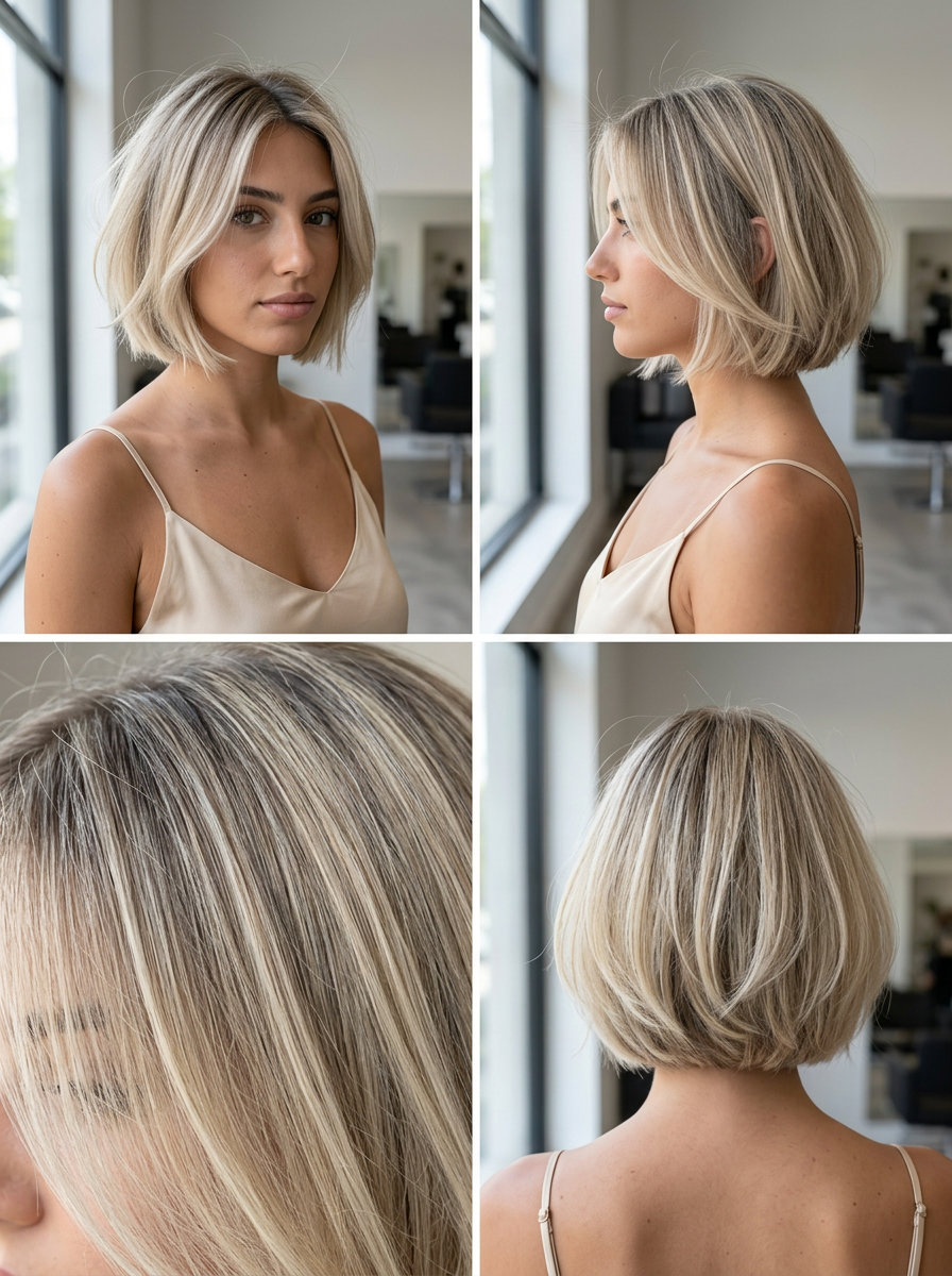 short italian bob haircut in neutral linen blonde with cool ash root smudge, deep point-cut for airy texture — fresh casual brunch