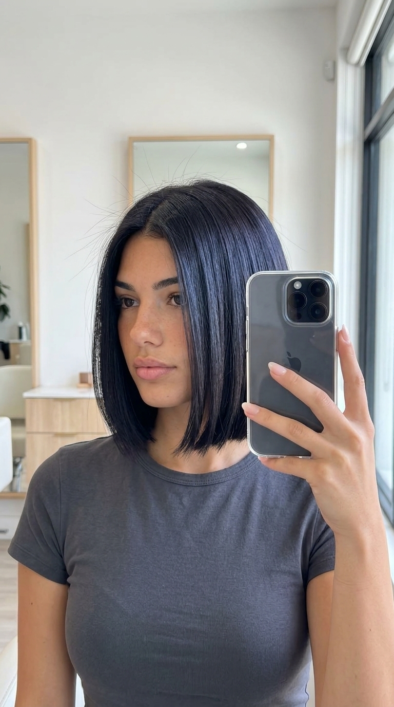 Obsidian Bob: Popular Summer Haircut 2026 chin-length obsidian bob with blue-violet undertones, blunt cut, no bangs — high-fashion minimalist