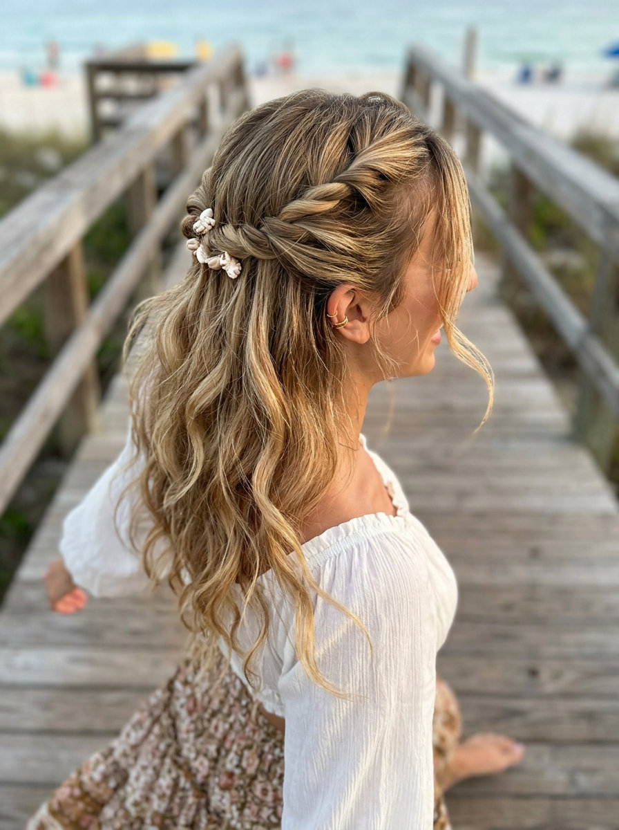 long warm ombré blonde half-up twist with shell clips for summer