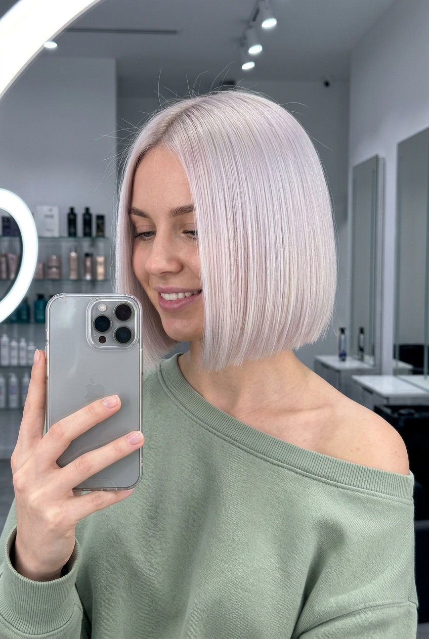 chin-length blunt icy blonde with opal blonde, prismatic toning, no fringe — minimalist chic