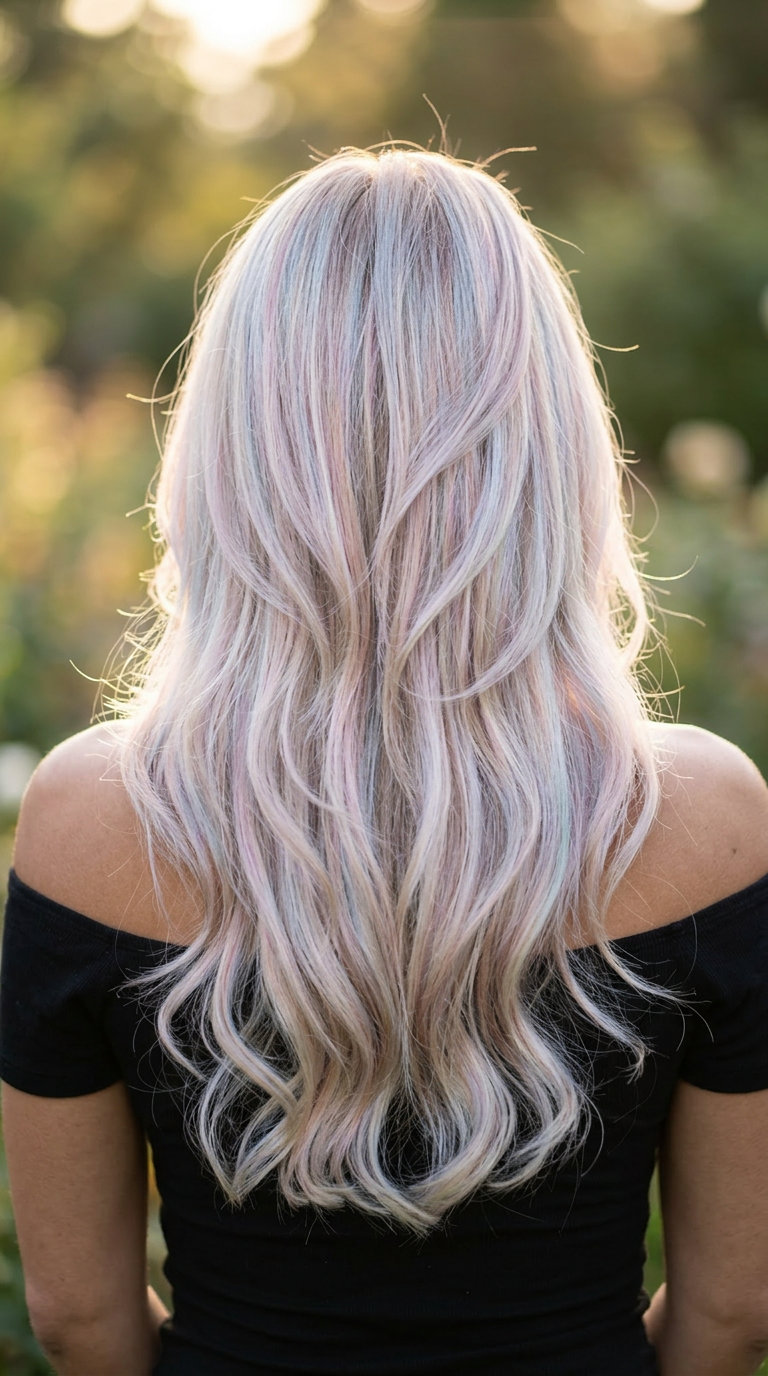 long flowing layered icy blonde with opal blonde, prismatic toning, no fringe — romantic date night
