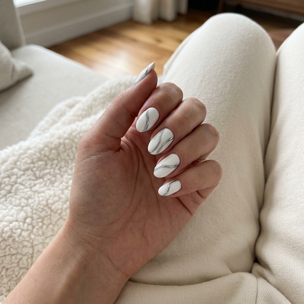 Arctic Chrome Abstract Oval Summer Nails 2026 Edgy arctic chrome abstract oval nails for parties and festivals. Oval summer nails 2026.