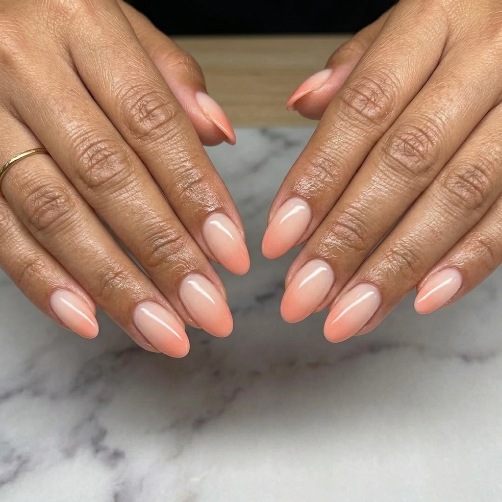 Coral Blush Milky Ombre Oval Nails | Summer 2026 Coral Blush Milky Ombre nails for oval summer nails 2026, romantic for weddings and everyday sophistication. Soft.