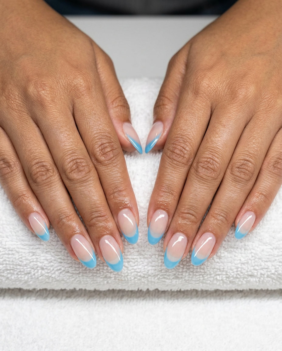 Jelly sky blue micro French oval summer nails 2026, ideal for vacation and beach days. Playful look.