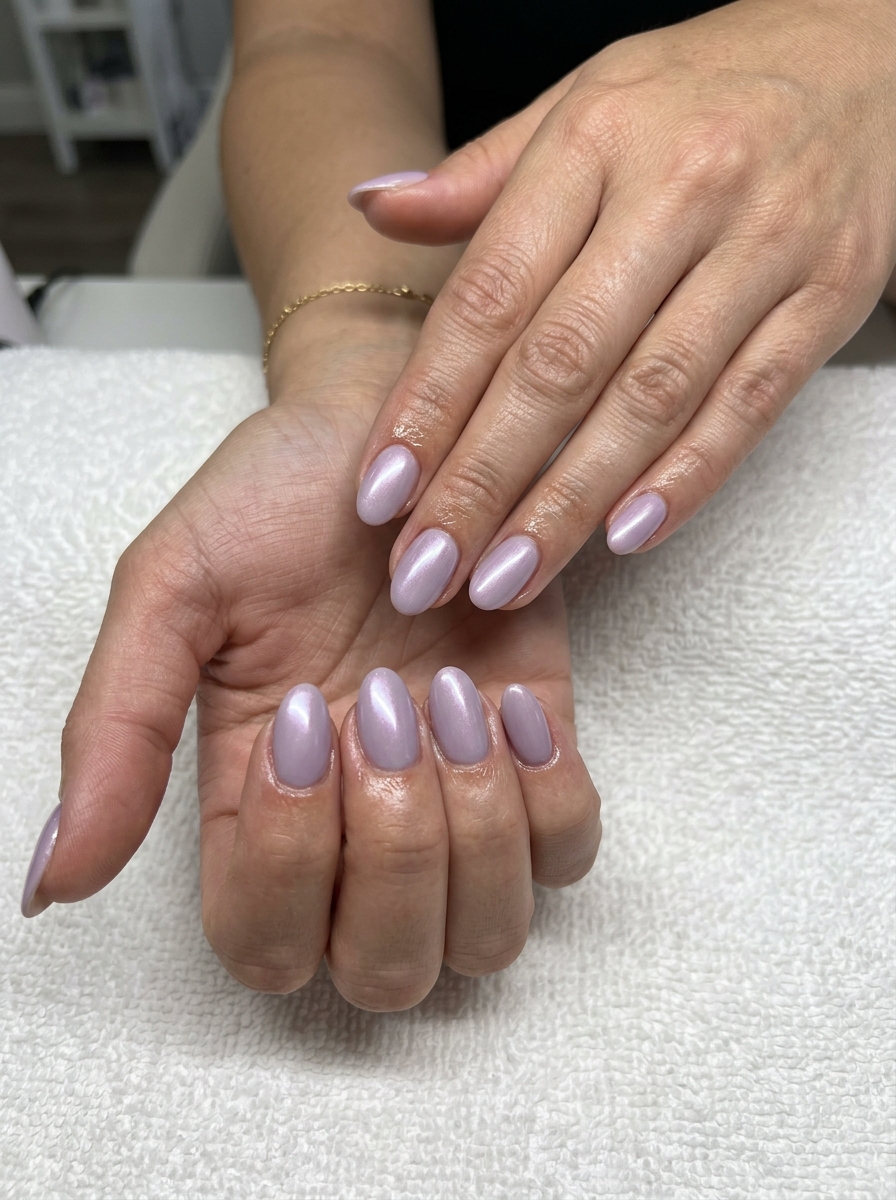 Lavender Haze Pearlescent Oval Nails | Summer 2026 Lavender Haze Pearlescent nails for oval summer nails 2026, ethereal for date nights and summer soirees. Calm.