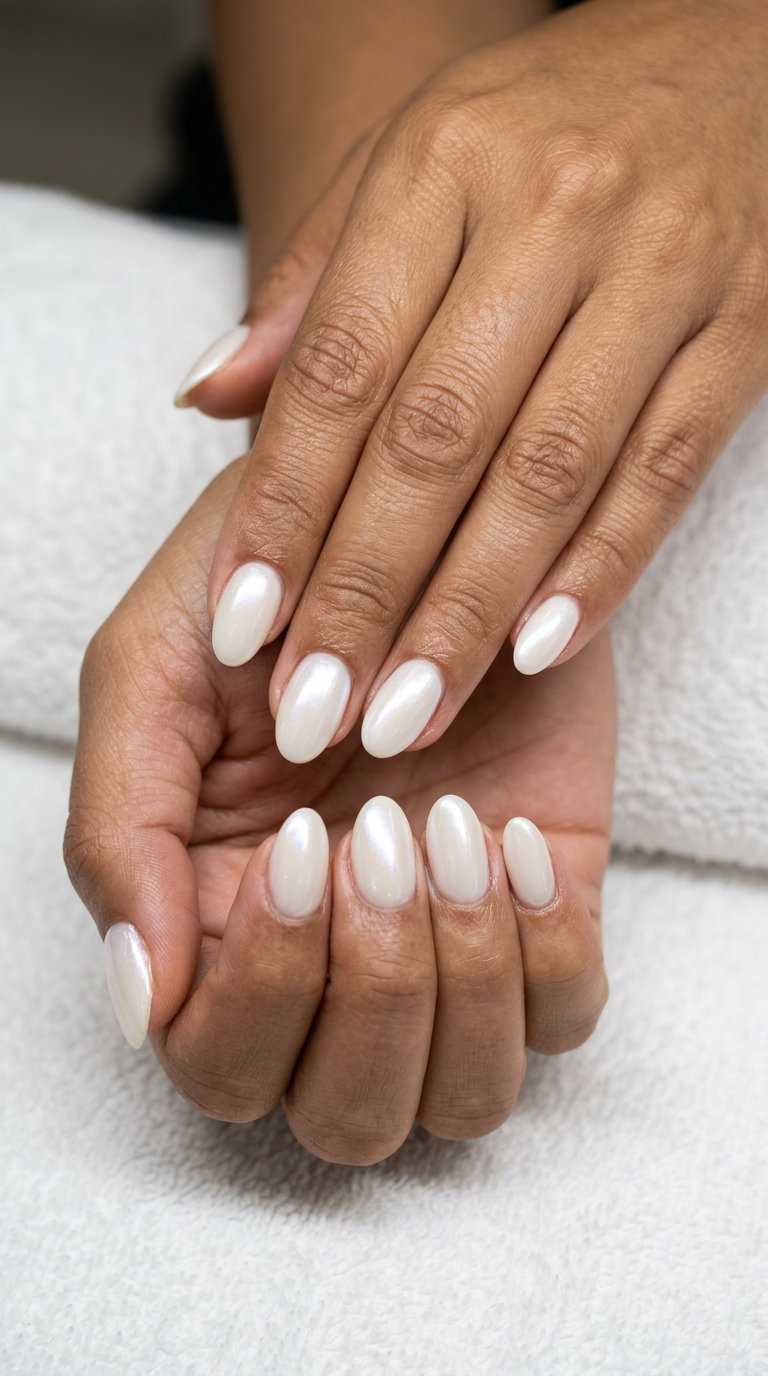Milky White Pearl Oval Nails 2026 Pearlescent milky white oval summer nails 2026, elegant for weddings & formal events. Glamorous.