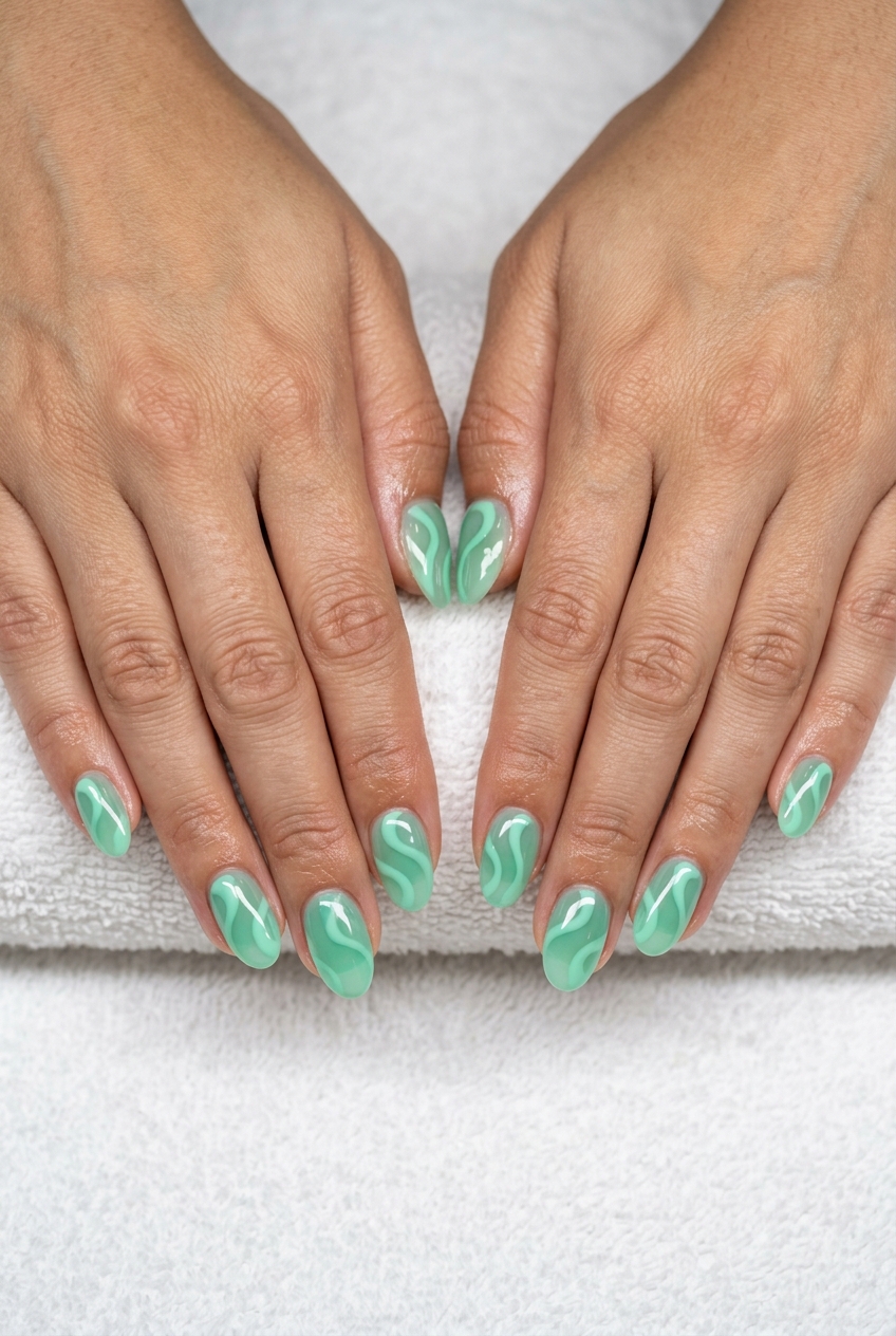 Mint Green Jelly Swirls Oval Nails 2026 Mint green jelly swirls oval summer nails 2026, playful for festivals and casual outings. Artistic.