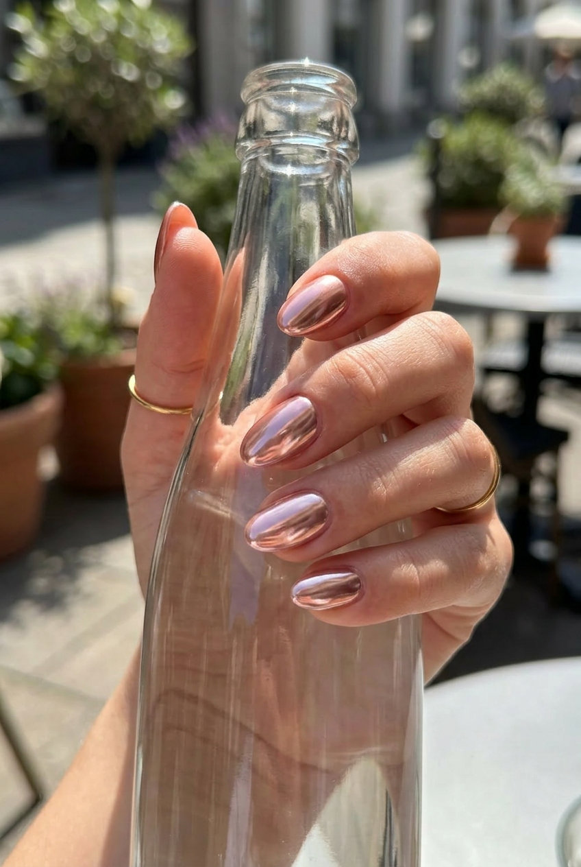 Rose Gold Chrome Oval Nails | Summer 2026 Glam Rose Gold Chrome Oval Shimmer nails for oval summer nails 2026, perfect for parties and date nights. Futuristic glam.