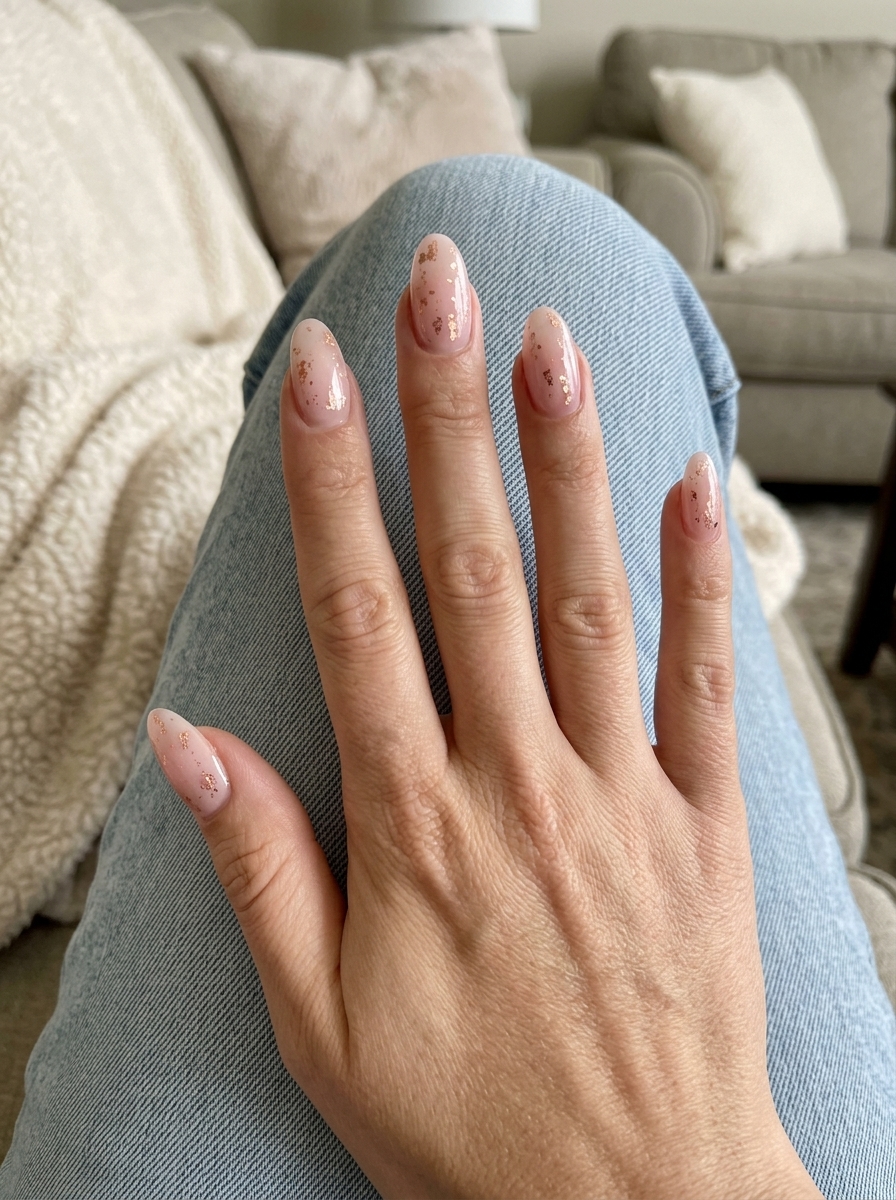 Rose Gold Foil Oval Summer Nails 2026 Elegant sheer nude oval nails with rose gold foil flakes for date night and summer parties. Oval summer nails 2026.