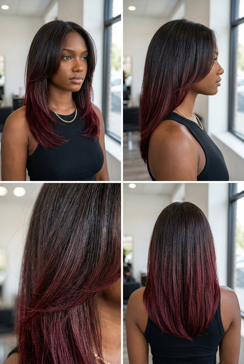 Oxblood Dip-Dye Ombre Hair 2026 long reverse ombre hair color with dark brunette base, oxblood dip-dye ends, and blunt cut for statement look