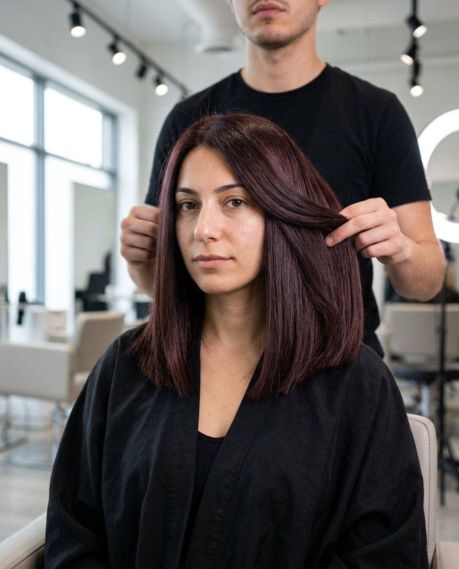 Oxblood Red Hair 2026: Luxurious Global Gloss long oxblood red haircut with brownish-violet, global gloss, no fringe — luxurious summer style