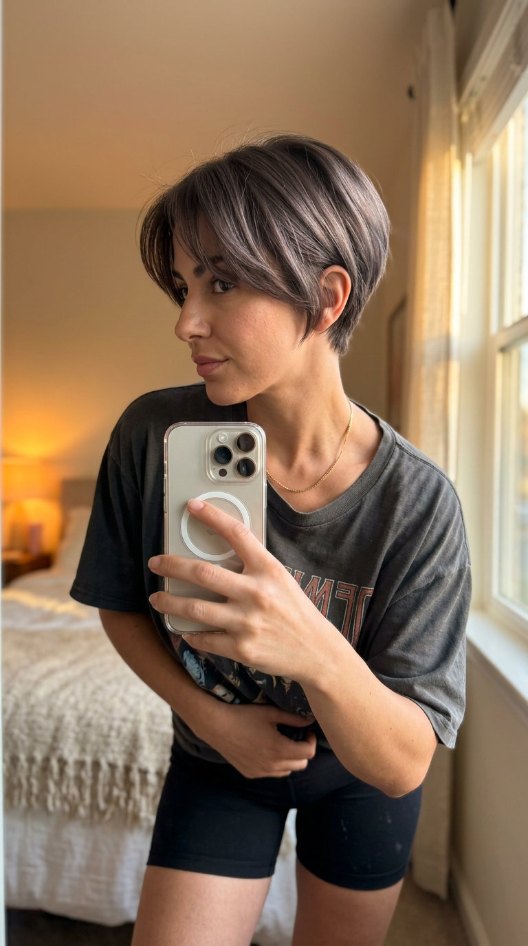 Sculpted Oyster Mushroom Pixie 2026 short oyster mushroom brown pixie with sculpted layers and side-swept fringe for avant-garde look