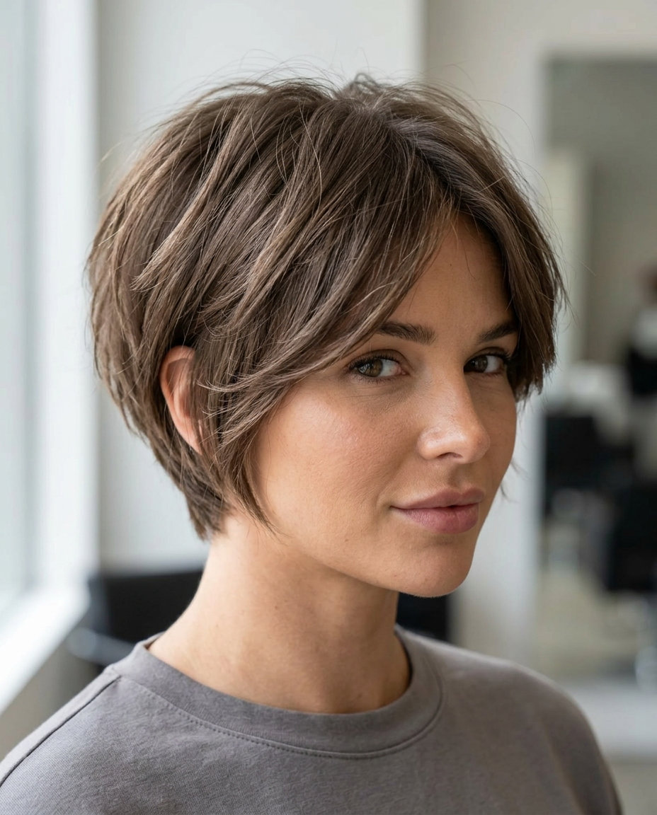 Playful Oyster Mushroom Brown Crop 2026 very short oyster mushroom brown crop with silver-ash undertones and choppy fringe