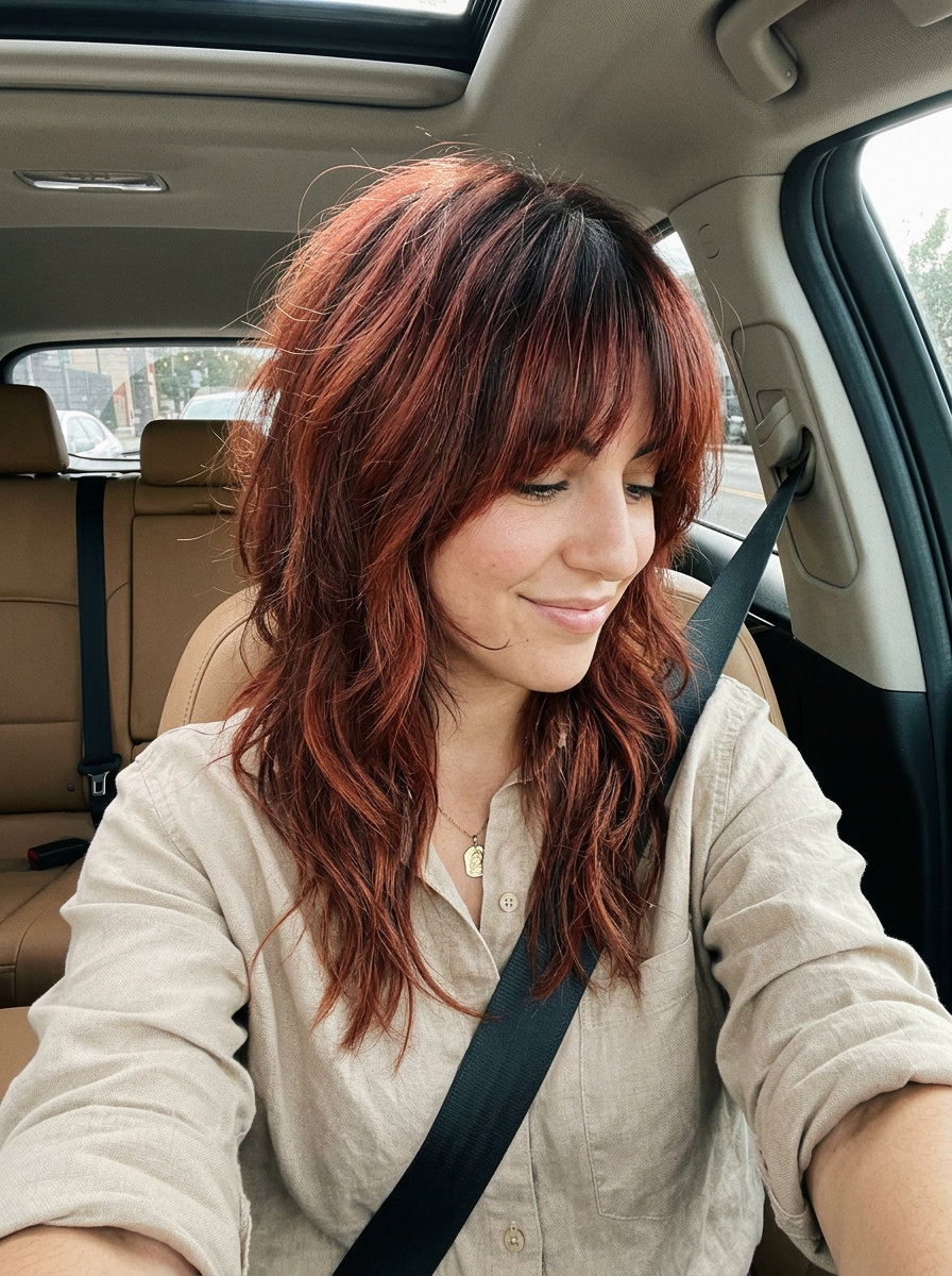 medium shag haircut with smoked paprika red, choppy layers and curtain bangs for festival