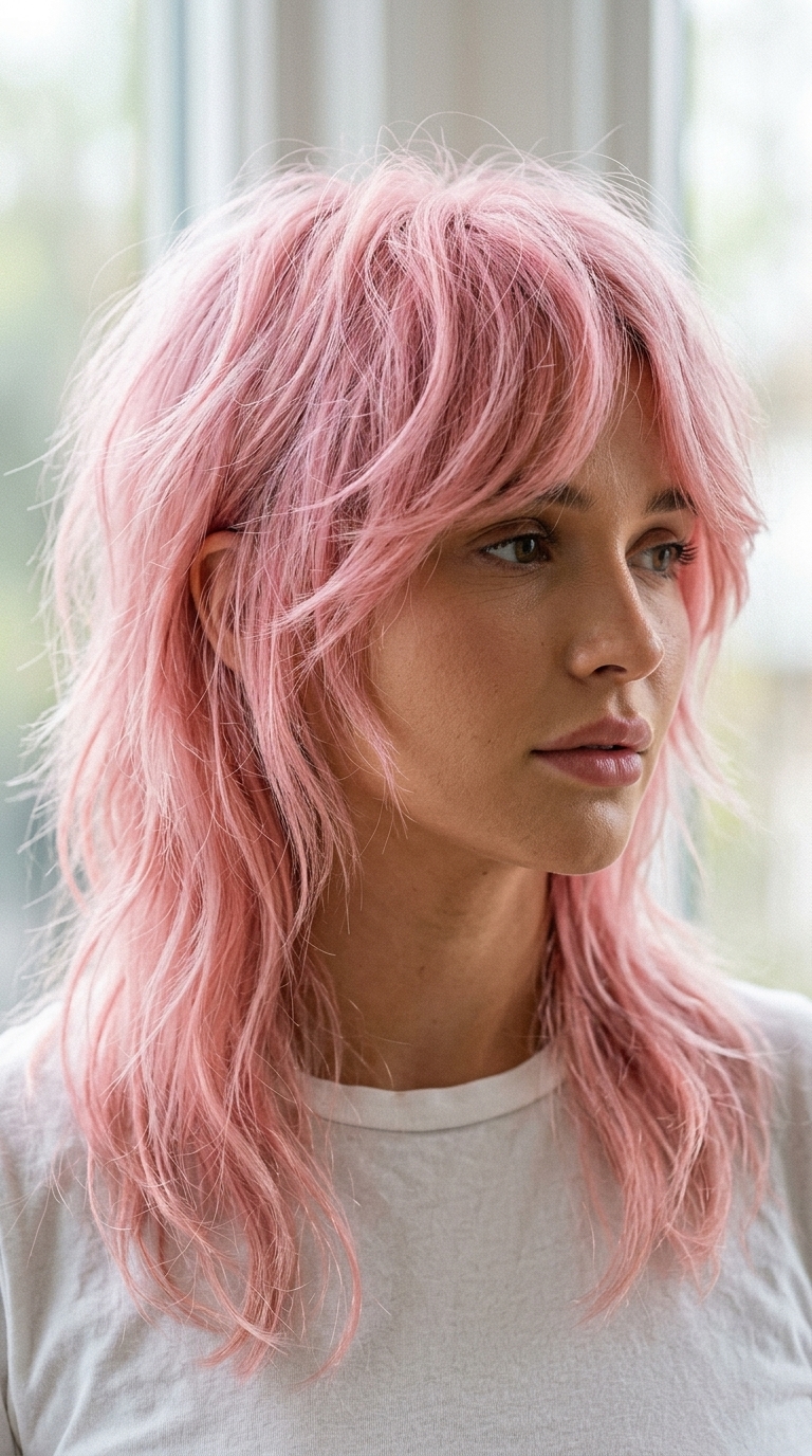 long pastel pink shag mullet with heavily layered crown and wispy bangs