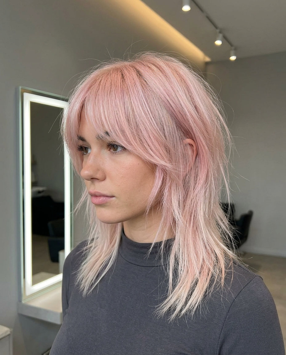 medium shag haircut with pastel pink over platinum blonde, choppy layers, eye-grazing bangs — playful festival style