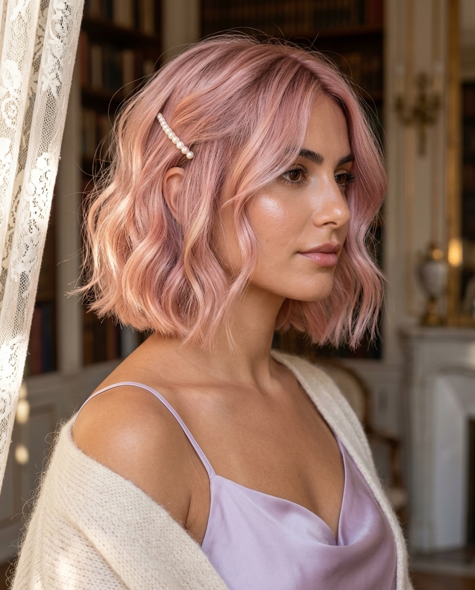 short pastel pink bob haircut with soft internal layers and whispy ends for summer