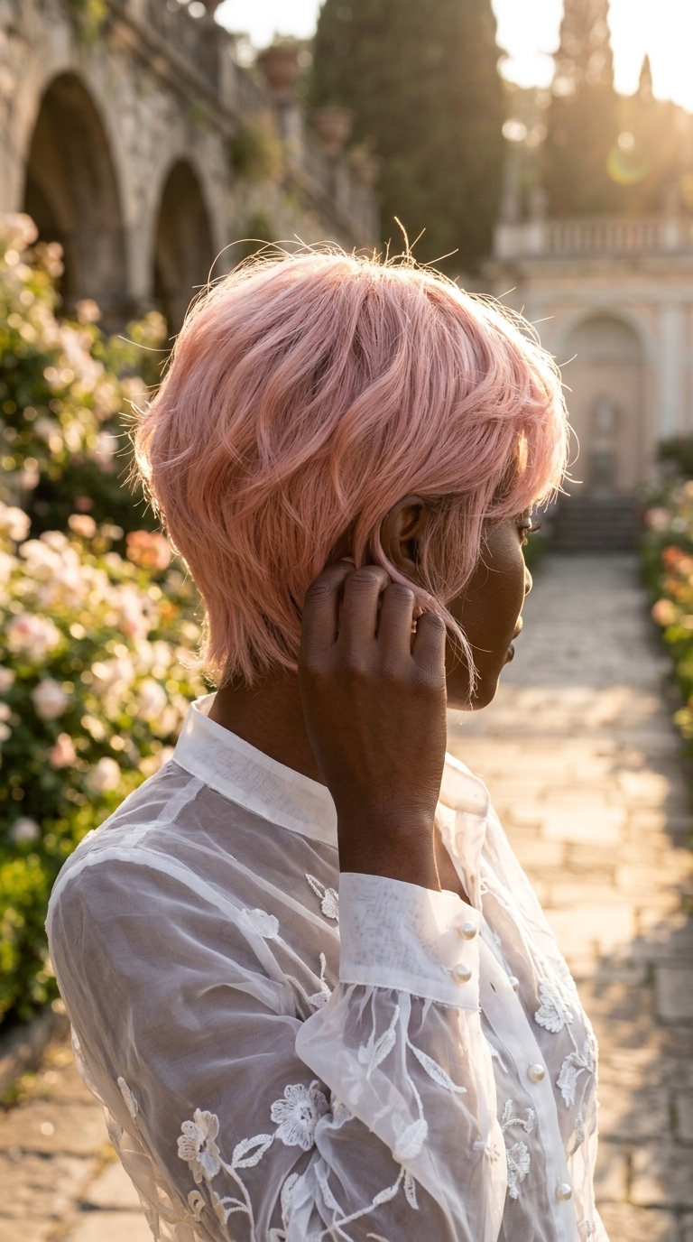 short pastel pink pixie haircut with soft feathered layers and sweeping fringe for summer