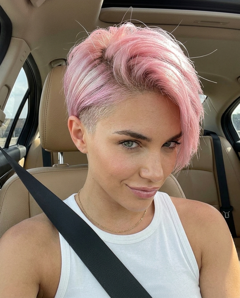 very short pastel pink pixie cut with disconnected undercut and long fringe for round face