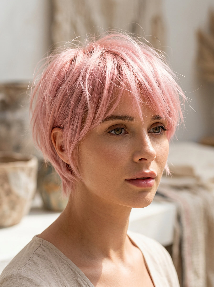 very short pixie shag in pastel pink with rose gold undertones and piecey fringe for playful style