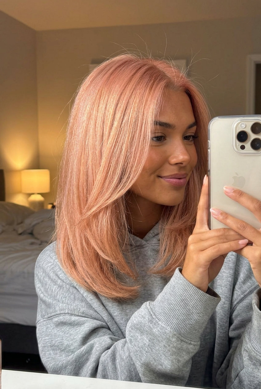 Peach Fuzz Glaze Hair Color 2026 long peachy-pink glaze with all-over application, pastel glaze for summer party