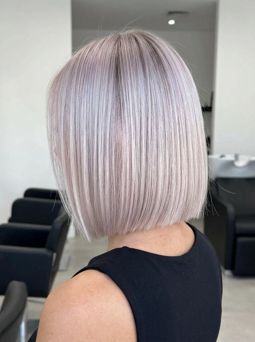 short icy blonde bob with violet, silver, pearl undertones, blunt perimeter — chic art gallery opening