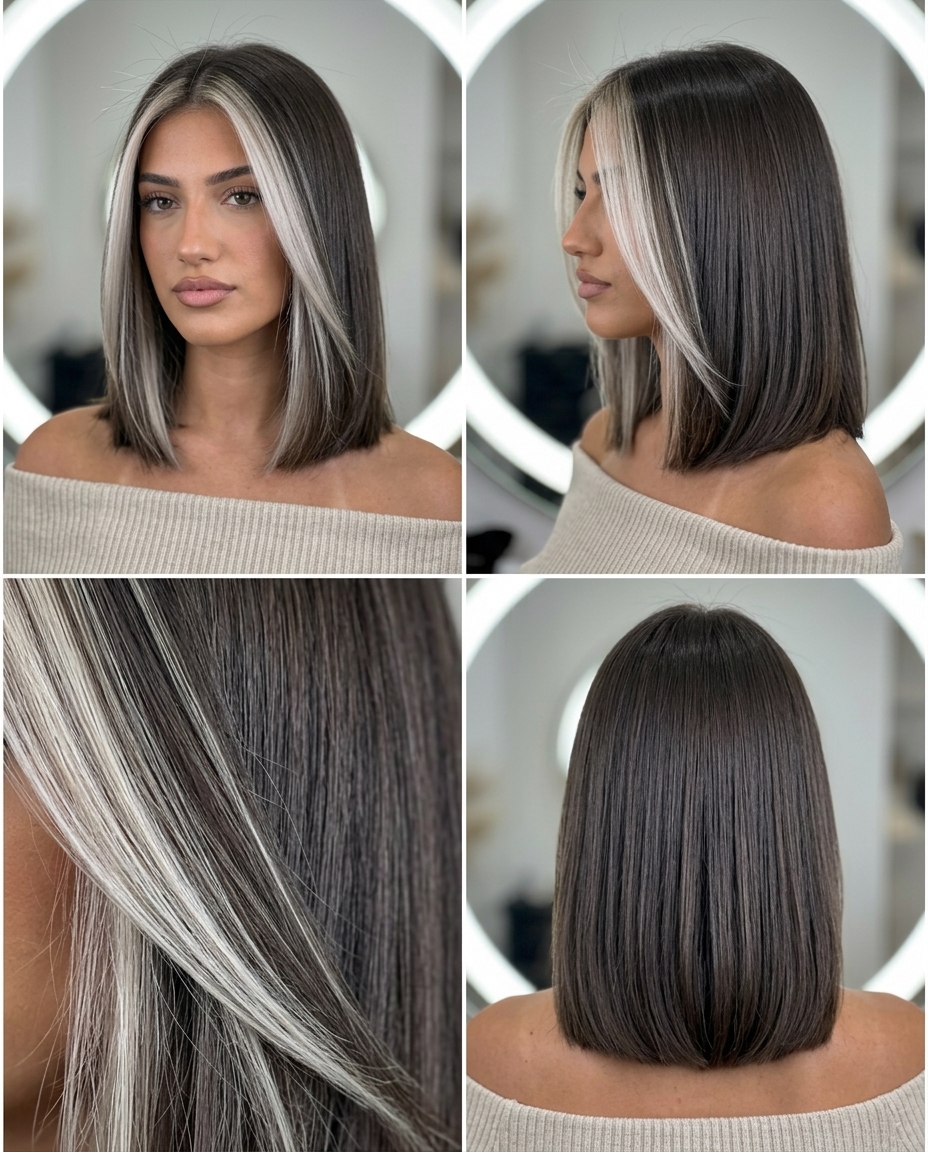 long ash brown hair color with platinum ash money piece, bold foil highlights for glamorous nights out