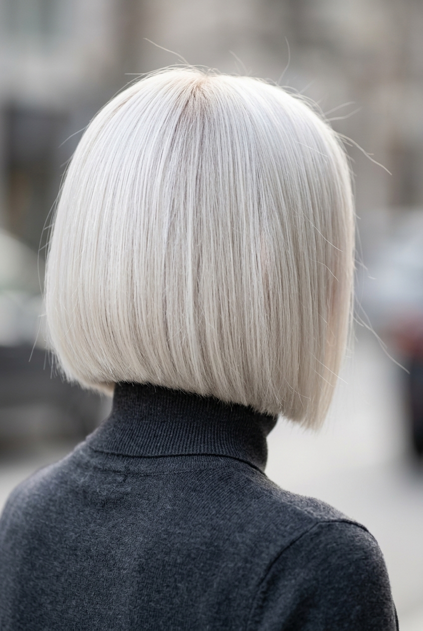 Sculpted Platinum Bob 2026 chin-length blunt bob haircut in icy platinum blonde with pearl toner and side part for art gallery