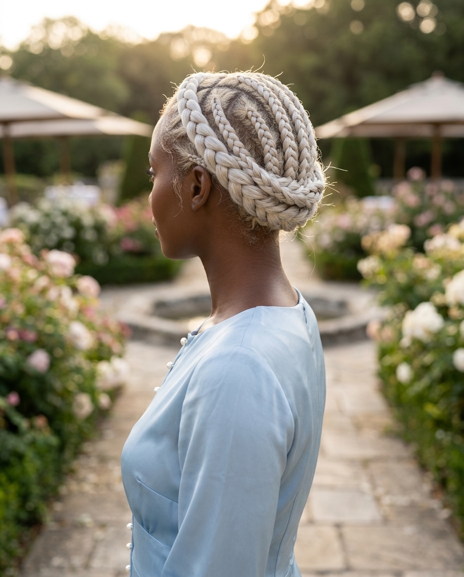 long fine braids with icy platinum blonde, layered crown halo, no fringe — regal summer wedding hairstyle