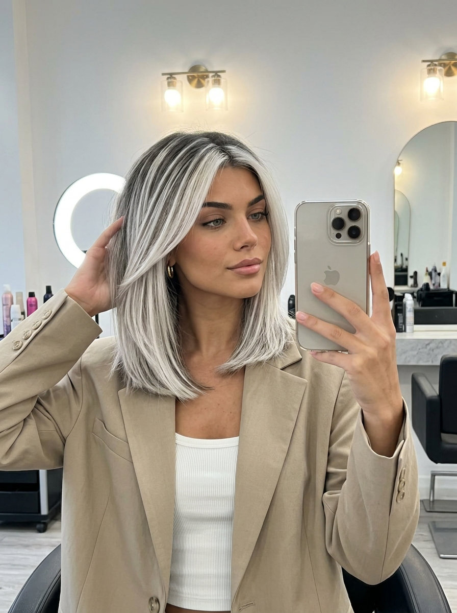 long platinum blonde face-framing highlights with cool white tones, edgy style