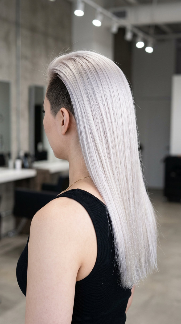 Platinum Undercut Long Hair 2026 long haircut with icy platinum blonde and dark undercut, clipper-faded section — edgy, rebellious