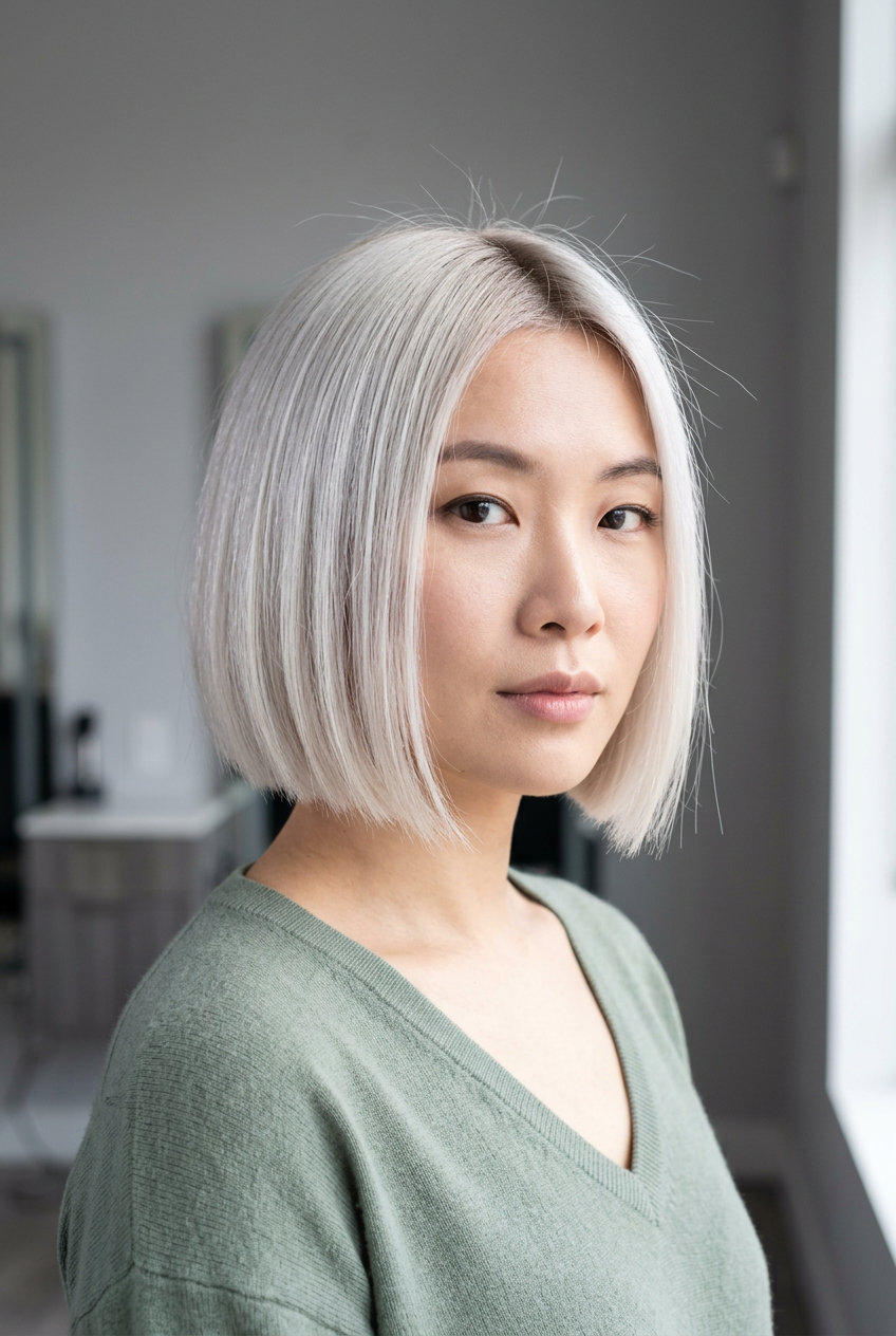 short italian bob haircut with icy platinum blonde, razor-sharp blunt perimeter for modern edge